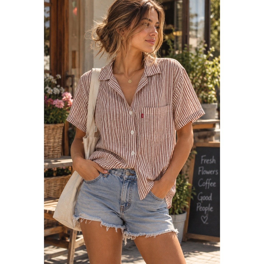 Levis Shirt Womens XS Brown Striped Linen Blend Short Sleeve Button Up Coastal